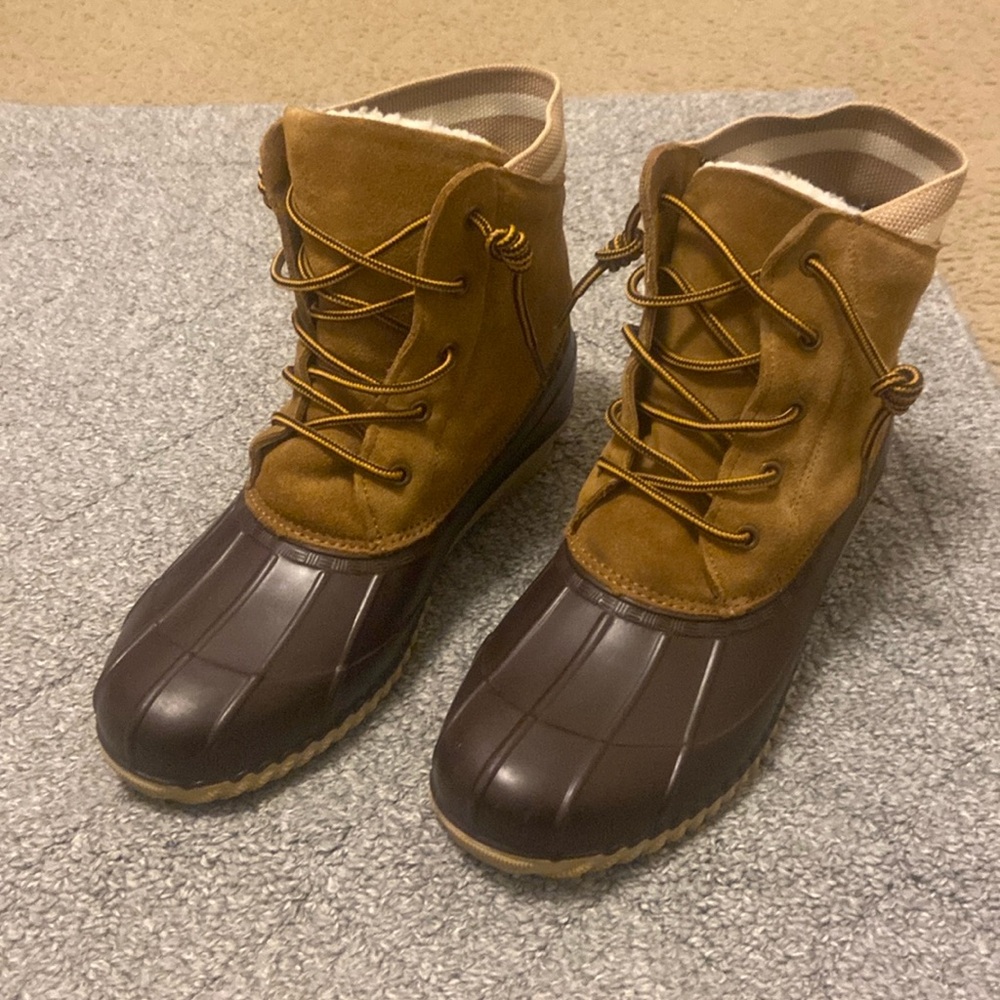 Tan and brown duck boot